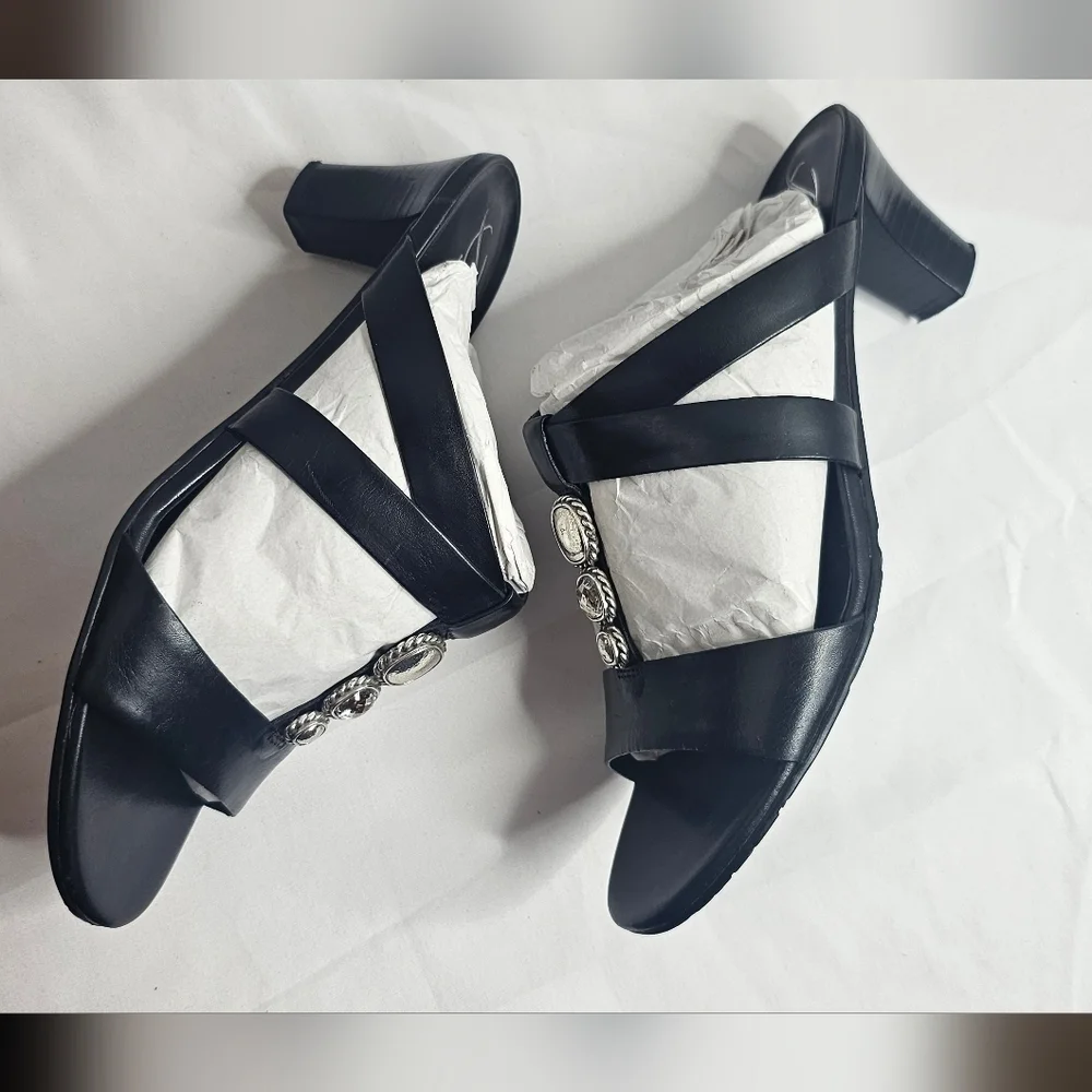 7 M Brighton Trista Shoes Slip-on Block Heels Sandals Black Leather Open Toe